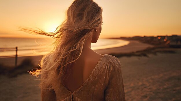 a beautiful woman looking from the back towards the beach at sunset