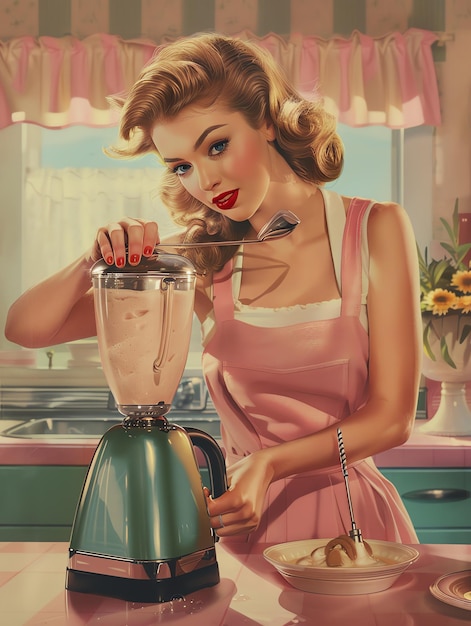 Beautiful A woman making a milkshake with a blender housewife from 1950 theme illustration photo