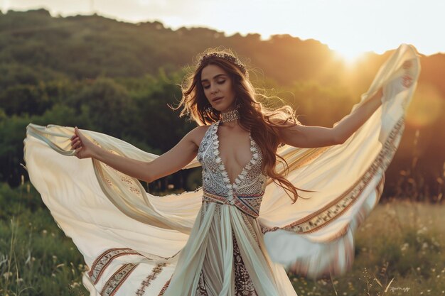 Beautiful woman Model in Bohemian Elegance with Flowing Fabrics at a Festival Lifestyle Fashion Portrait Background