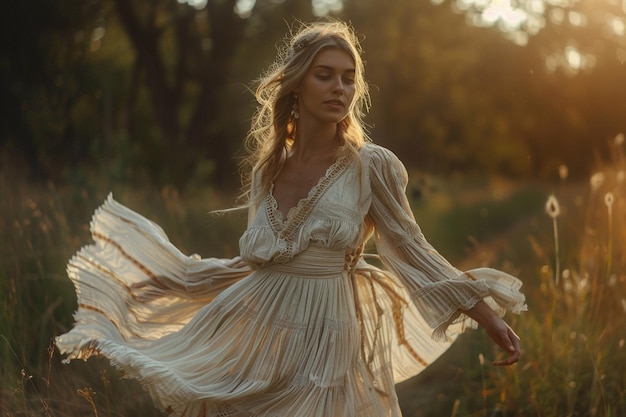 Photo beautiful woman model in flowing bohemian dress surrounded by nature in lifestyle portrait background