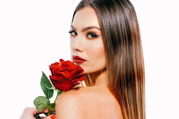 Beautiful woman model holiding a red rose