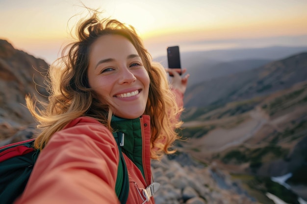 Photo beautiful woman in nature one woman portrait of a young female hiker taking a selfie high on mounta