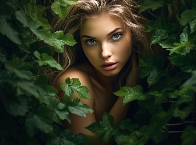 Beautiful woman in nature summer green leaves