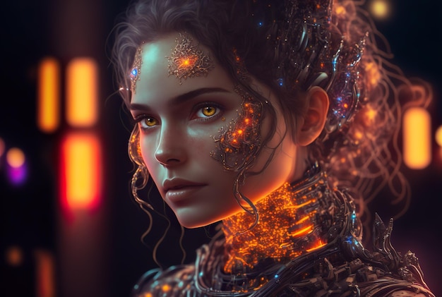 Beautiful woman organic cyborg neon tube connections generative ai