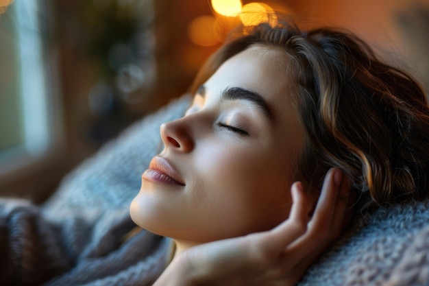 Beautiful woman peacefully relaxing on couch meditating with eyes closed