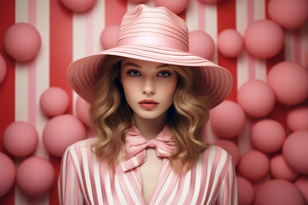 Beautiful Woman Pink Dress Hat Overlooking Generative AI