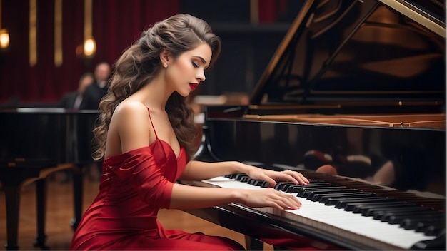 beautiful woman play piano during classical consert copy space dark background