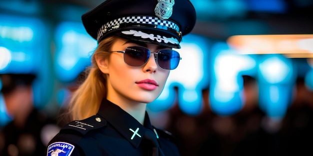 Beautiful woman police uniform and police station Generative ai