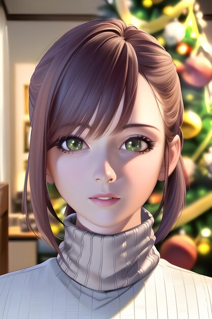 Beautiful woman portrait in front of winter christmas tree in anime style digital painting illustration