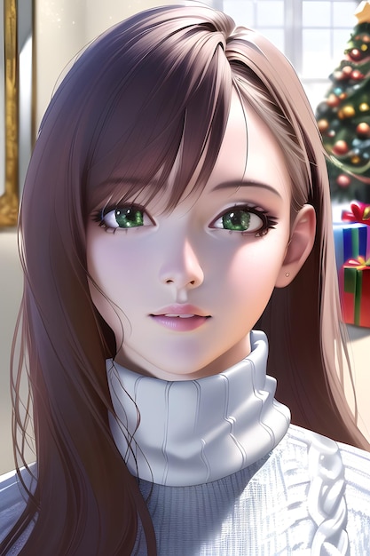 Beautiful woman portrait in front of winter christmas tree in anime style digital painting illustration