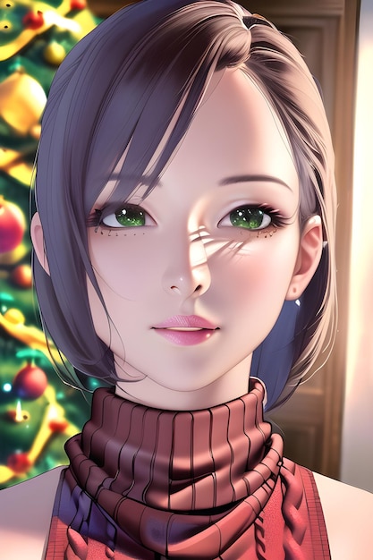 Beautiful woman portrait in front of winter christmas tree in anime style digital painting illustration