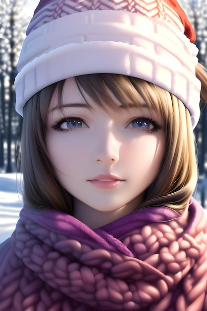 Beautiful woman portrait in front of winter christmas tree in anime style digital painting illustration