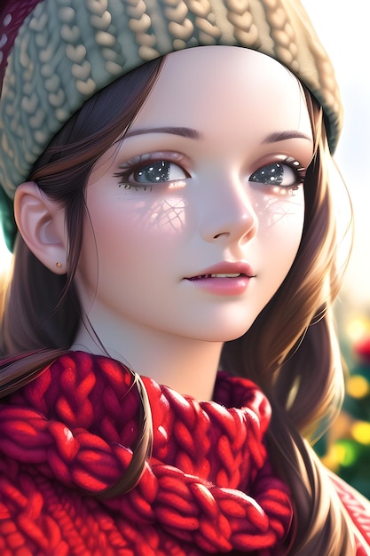 Beautiful woman portrait in front of a winter christmas tree Knit Turtleneck fleece Hat scarf in anime style digital painting illustration