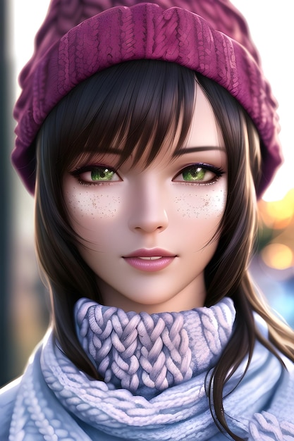 Beautiful woman portrait in front of a winter christmas tree Knit Turtleneck fleece Hat scarf in anime style digital painting illustration