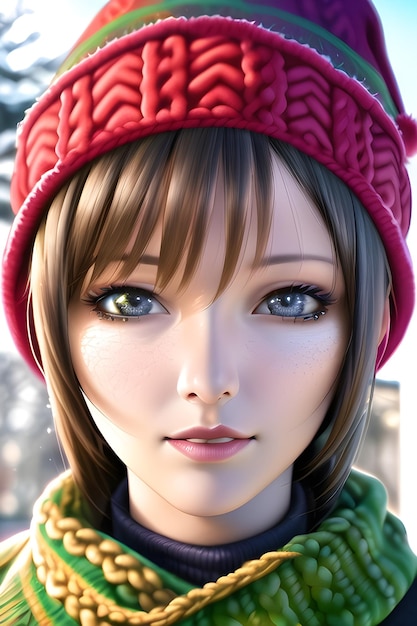 Beautiful woman portrait in front of a winter christmas tree Knit Turtleneck fleece Hat scarf in anime style digital painting illustration