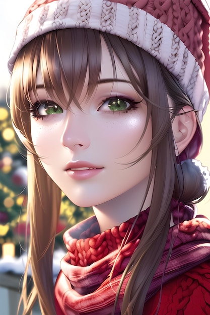 Beautiful woman portrait in front of a winter christmas tree Knit Turtleneck fleece Hat scarf in anime style digital painting illustration