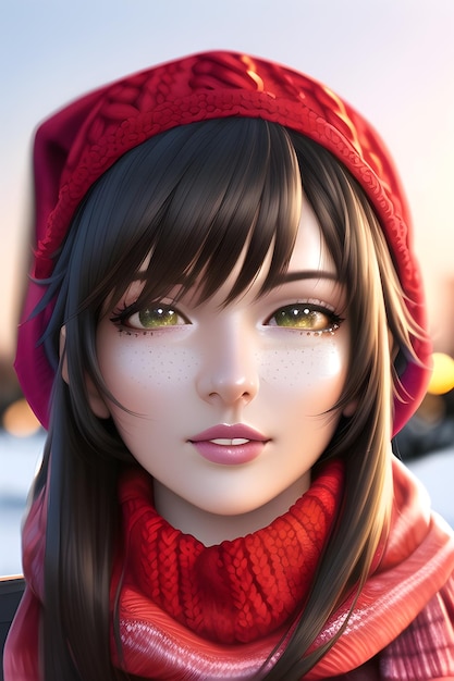 Beautiful woman portrait in front of a winter christmas tree Knit Turtleneck fleece Hat scarf in anime style digital painting illustration