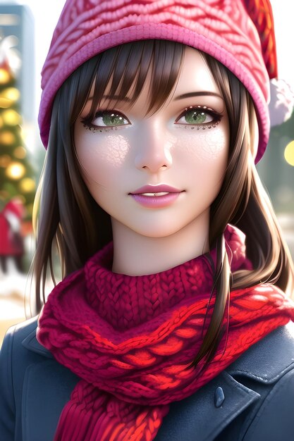 Beautiful woman portrait in front of a winter christmas tree Knit Turtleneck fleece Hat scarf in anime style digital painting illustration