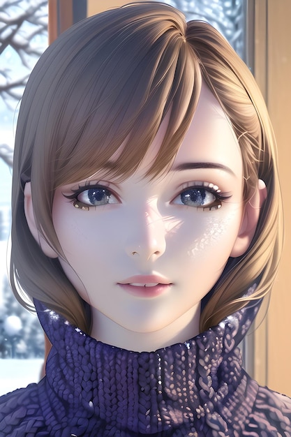 Beautiful woman portrait in winter christmas tree in anime style digital painting illustration