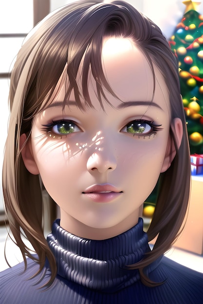 Beautiful woman portrait in winter christmas tree in anime style digital painting illustration