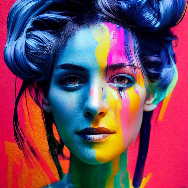 Beautiful woman portrait with abstract paint illustration