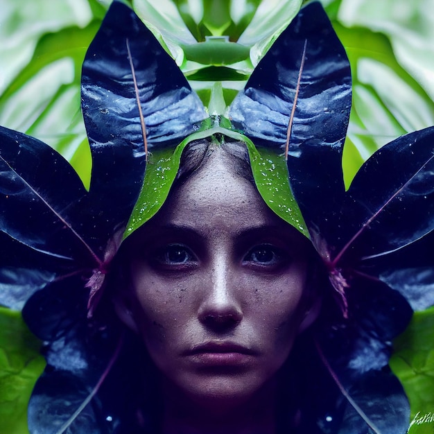 Beautiful woman portrait with plants and flowers 3d rendering