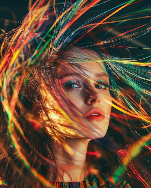 Photo a beautiful woman posing aesthetic with long colorful rainbow hair illusion in spotlight