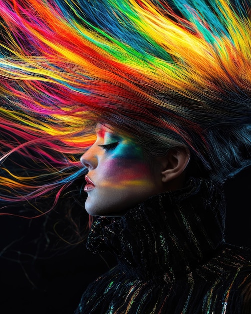 Photo a beautiful woman posing aesthetic with long colorful rainbow hair illusion in spotlight