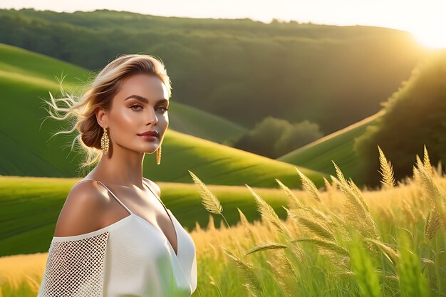 Photo beautiful woman posing at golden hour beach