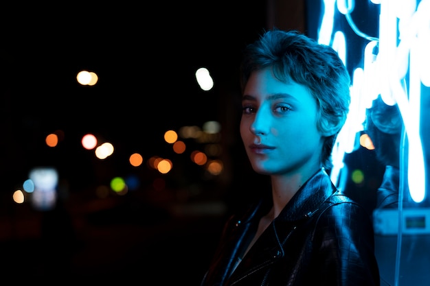 Beautiful woman posing at night time in blue neon light