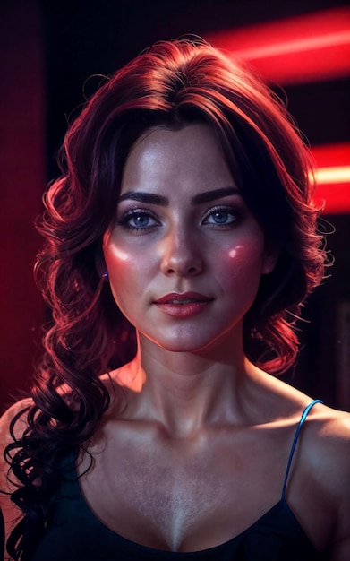 Beautiful woman posting for a picture with red and blue spotlight generative AI