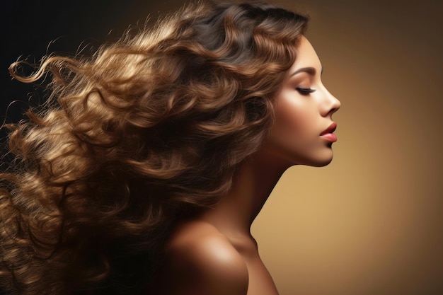 Beautiful woman in profile with long and shiny wavy hair Beauty model girl with curly hairstyle