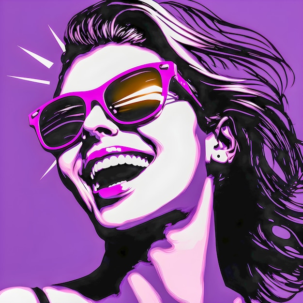 Beautiful woman purple background head only happy smile black sunglasses pop art stylexA