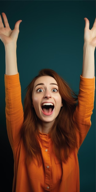 beautiful woman raising hand with color background