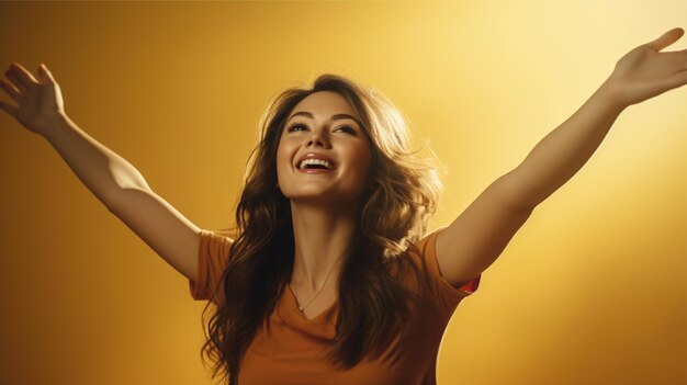 beautiful woman raising hand with color background