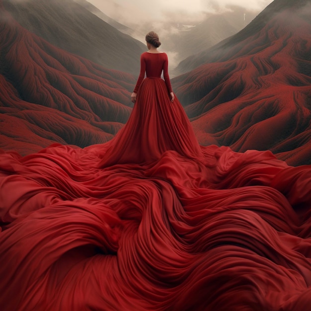 Photo beautiful woman in red dress in the mountains 3d rendering