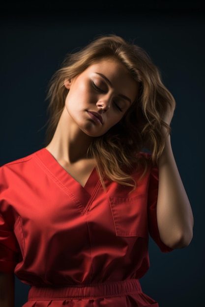 a beautiful woman in a red dress standing in front of a black background