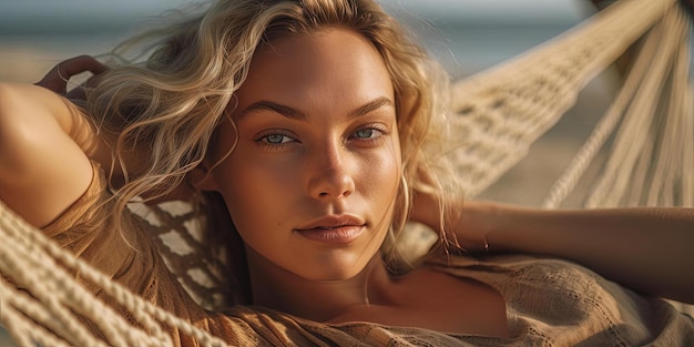 a beautiful woman relaxing down on a hammock the beach in the style of detailed facial features