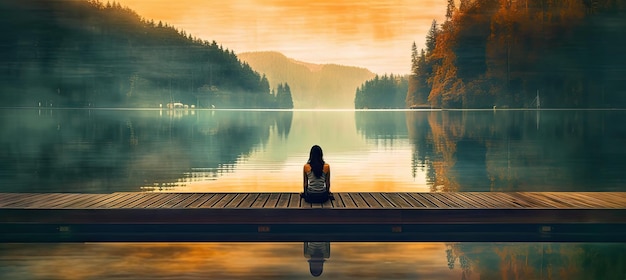 Photo beautiful woman relaxing on pier in garda lake vacation concept