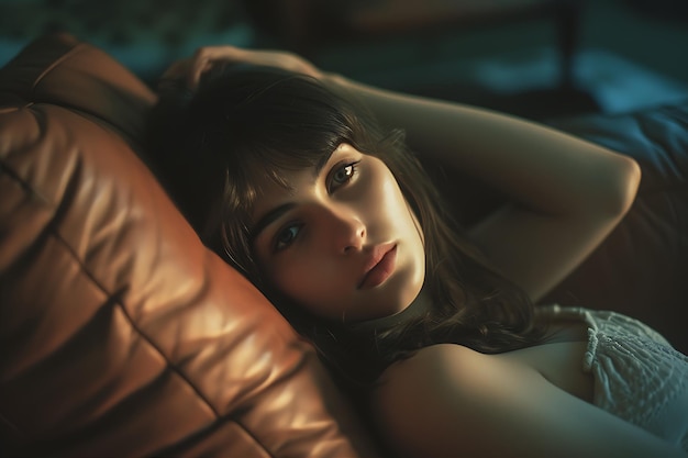 Beautiful Woman Resting on Brown Leather Couch