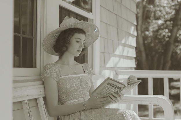 Beautiful Woman in a retro dress and floppy hat sitting on a porch swing and reading a book retro style