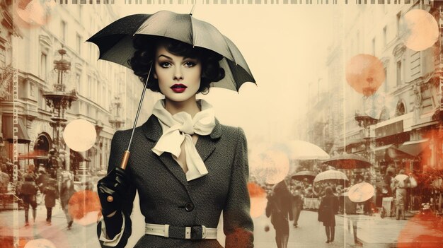 Photo beautiful woman in retro style effect old movie black and white cinema young female with umbrella