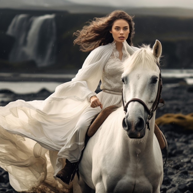 Photo beautiful woman riding a white horse on a beach with black sand