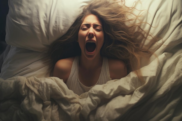 Beautiful woman screaming in bed Sleeg young Generate Ai