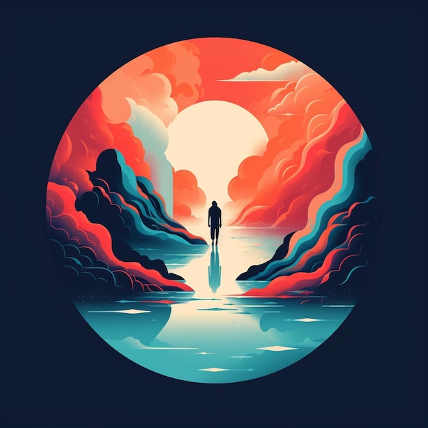 Beautiful woman in the sea at sunset Vector illustration in retro style