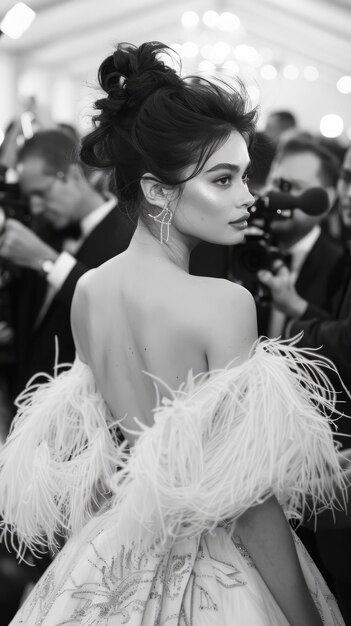 Photo a beautiful woman showcases her elegant gown while navigating the bustling red carpet capturing the attention of media and onlookers