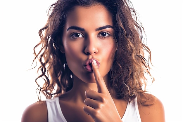 Beautiful woman showing finger over lips isolated on a white background