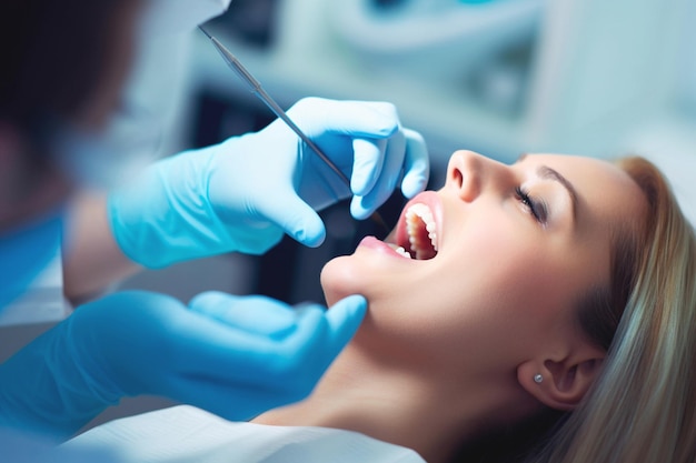 Photo beautiful woman showing a wellgroomed smile in a dentist39s office dental health plan