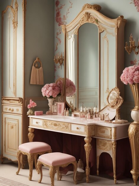 a beautiful woman sitting in front of a vintage dressing table