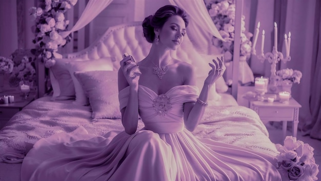 Beautiful woman sitting at home on a bed and using perfume